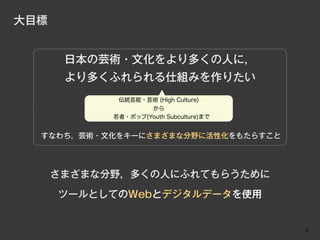 大目標


       日本の芸術・文化をより多くの人に，
       より多くふれられる仕組みを作りたい
             伝統芸能・芸術 (High Culture)
                    から
            若者・ポップ(Youth Subculture)まで


  すなわち，芸術・文化をキーにさまざまな分野に活性化をもたらすこと




      さまざまな分野，多くの人にふれてもらうために

      ツールとしてのWebとデジタルデータを使用


                                         2
 