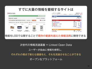 すでに大量の情報を蓄積するサイトは




情報をLODで公開することで既存の範囲を超えた情報活用に期待できる


      次世代の情報流通基盤 = Linked Open Data
          ユーザーが自由に情報を参照し，

  それぞれの視点で新たな価値与え，それを流通させることができる

           オープンなプラットフォーム

                                      19
 