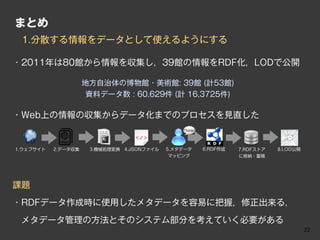まとめ
 1.分散する情報をデータとして使えるようにする

・2011年は80館から情報を収集し，39館の情報をRDF化，LODで公開

                     地方自治体の博物館・美術館: 39館 (計53館)
                      資料データ数 : 60,629件 (計 16,3725件)

・Web上の情報の収集からデータ化までのプロセスを見直した
                                                  Think!




1.ウェブサイト   2.データ収集    3.機械処理変換   4.JSONファイル   5.メタデータ      6.RDF作成   7.RDFストア   8.LOD公開
                                               マッピング                 に格納・蓄積




課題

・RDFデータ作成時に使用したメタデータを容易に把握，修正出来る，

 メタデータ管理の方法とそのシステム部分を考えていく必要がある
                                                                                          22
 