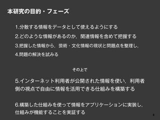 本研究の目的・フェーズ

 1.分散する情報をデータとして使えるようにする

 2.どのような情報があるのか，関連情報を含めて把握する
 3.把握した情報から，芸術・文化情報の現状と問題点を整理し，

 4.問題の解決を試みる


               その上で


 5.インターネット利用者が公開された情報を使い，利用者
 側の視点で自由に情報を活用できる仕組みを構築する


 6.構築した仕組みを使って情報をアプリケーションに実装し，
 仕組みが機能することを実証する                  3
                                  4
 