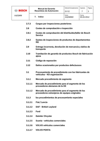 Manual de Garantía 
Recambios de Automoción 
Edición/Complemento 
01/12 
Capítulo 
7 
Página 
3 
AA/QMM 
7. Indice 
Autor 
AA/QMM2 
Fecha 
05.03.2012 
2.7.3 Cargos por inspecciones posteriores 
2.8 Costes de comprobación e inspección 
2.8.1 Costes de comprobación del distribuidor/taller de Bosch 
Service 
2.8.2 Gastos de inspecciones de productos de departamentos 
RB 
2.9 Entrega incorrecta, devolución de mercancía y daños de 
transporte 
2.10 Tramitación de garantía de productos Bosch de fabricación 
ajena 
2.11 Código de reparación 
2.12 Daños ocasionados por productos defectuosos 
3.1 Procesamiento de procedimiento con los fabricantes de 
vehículos - KD organización 
3.1.1 Mercado procedimiento de segmento 
3.1.1.1 Mercado de procedimiento para el segmento de los 
proveedores alemanes de la OE 
3.1.1.2 Mercado de procedimiento para el segmento de los 
proveedores extranjeros de equipos originales 
3.1.2 los procedimientos de procesamiento especiales 
3.1.2.1 Fiat / Lancia 
3.1.2.2 DAF - British Leyland 
3.1.2.3 Ford 
3.1.2.4 Daimler Chrysler 
3.1.2.5 Scania - vehículos comerciales 
3.1.2.6 VOLVO vehículos comerciales 
3.1.2.7 VOLVO PENTA- 
 