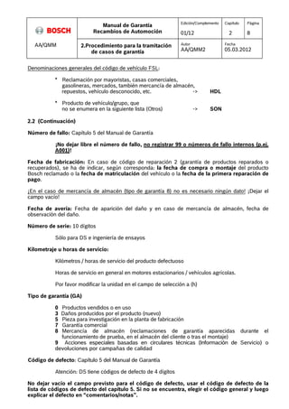 Manual de Garantía 
Recambios de Automoción 
Edición/Complemento 
01/12 
Capítulo 
2 
Página 
8 
AA/QMM 2.Procedimiento para la tramitación 
de casos de garantía 
Autor 
AA/QMM2 
Fecha 
05.03.2012 
Denominaciones generales del código de vehículo FSL: 
* Reclamación por mayoristas, casas comerciales, 
gasolineras, mercados, también mercancía de almacén, 
repuestos, vehículo desconocido, etc. -> HDL 
* Producto de vehículo/grupo, que 
no se enumera en la siguiente lista (Otros) -> SON 
2.2 (Continuación) 
Número de fallo: Capítulo 5 del Manual de Garantía 
¡No dejar libre el número de fallo, no registrar 99 o números de fallo internos (p.ej. 
A001)! 
Fecha de fabricación: En caso de código de reparación 2 (garantía de productos reparados o 
recuperados), se ha de indicar, según corresponda: la fecha de compra o montaje del producto 
Bosch reclamado o la fecha de matriculación del vehículo o la fecha de la primera reparación de 
pago. 
¡En el caso de mercancía de almacén (tipo de garantía 8) no es necesario ningún dato! ¡Dejar el 
campo vacío! 
Fecha de avería: Fecha de aparición del daño y en caso de mercancía de almacén, fecha de 
observación del daño. 
Número de serie: 10 dígitos 
Sólo para DS e ingeniería de ensayos 
Kilometraje u horas de servicio: 
Kilómetros / horas de servicio del producto defectuoso 
Horas de servicio en general en motores estacionarios / vehículos agrícolas. 
Por favor modificar la unidad en el campo de selección a (h) 
Tipo de garantía (GA) 
0 Productos vendidos o en uso 
3 Daños producidos por el producto (nuevo) 
5 Pieza para investigación en la planta de fabricación 
7 Garantía comercial 
8 Mercancía de almacén (reclamaciones de garantía aparecidas durante el 
funcionamiento de prueba, en el almacén del cliente o tras el montaje) 
9 Acciones especiales basadas en circulares técnicas (Información de Servicio) o 
devoluciones por campañas de calidad 
Código de defecto: Capítulo 5 del Manual de Garantía 
Atención: DS tiene códigos de defecto de 4 dígitos 
No dejar vacío el campo previsto para el código de defecto, usar el código de defecto de la 
lista de códigos de defecto del capítulo 5. Si no se encuentra, elegir el código general y luego 
explicar el defecto en “comentarios/notas”. 
 