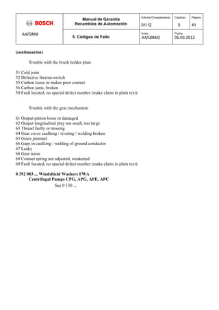 Manual de Garantía 
Recambios de Automoción 
Edición/Complemento 
01/12 
Capítulo 
5 
Página 
41 
AA/QMM 
5. Códigos de Fallo 
Autor 
AA/QMM2 
Fecha 
05.03.2012 
(continuación) 
Trouble with the brush holder plate 
51 Cold joint 
52 Defective thermo-switch 
55 Carbon loose or makes poor contact 
56 Carbon jams, broken 
50 Fault located, no special defect number (make claim in plain text) 
Trouble with the gear mechanism 
61 Output pinion loose or damaged 
62 Output longitudinal play too small, too large 
63 Thread faulty or missing 
64 Gear cover caulking / riveting / welding broken 
65 Gears jammed 
66 Gaps in caulking / welding of ground conductor 
67 Leaky 
68 Gear noise 
69 Contact spring not adjusted, weakened 
60 Fault located, no special defect number (make claim in plain text) 
0 392 003 ... Windshield Washers FWA 
Centrifugal Pumps CPG, APG, APE, APC 
See 0 130 ... 
 