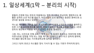 1. 일상세계(1막 – 분리의 시작)
윈돌의 근경에 잇는 란트의 마을에서는 영주 아스톤의 장남이며, 명랑하고도 쾌
활한 성격의 소년 아스벨 란트가, 어린시절의 소녀 쉐리아나 동생인 휴버드와 소
년다운 일상을 보내고 있었다.
어느날, 아스벨은 기억을 잃은 소녀와 만난다, 그에게 소피라는 이름을 붙여주고,
또한 시기를 같이에 란트를 방문한, 윈돌의 왕자 리처드와 우정을 키운다. 3인은
란트의 뒷산에서 이름을 세기고 영원한 우정을 맹세한다.
그후, 어느 사건으로 인해 소피가 죽게 되고 친 동생인 휴버트는 아버지에 의해
이웃나라로 입양을 가게 되느 것을 계기로 “강해지고 싶다”라고 강하게 원하며,
아스벨은 왕도에 있는 기사육성학교에 입학을 결의한다.
그리고 7년이 흐르고 아스벨은 정식 기사가 될 수 있는 기회가 주어지게 된다.
 
