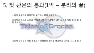 5. 첫 관문의 통과(1막 – 분리의 끝)
이로써 주인공은 자신 스스로가 모험으로 뛰어들 행동력과 의지를 가지게 된다.
소피의 도움으로 펜델군을 물리치는 데에 성공한다.
아버지의 죽음과 소피의 부활로 인하여 아스벨은 영주(모두를 지킬 것)가 될 것
을 결심한다.
 