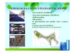 Imagens:Wagner Ramalho,
jd. Apuanã
Imagens: wikimapia, conjunto
Habitacional jd. Apuanã.
•Área total de: 214.000 m²;
•Área para construção: 160.500 m²;
•1600 moradias;
•200 prédios;
•8 apartamentos por prédio, com 4 andares
cada;
•1 parque com área 113.000 m² .
Estatuto da Cidade (Lei 10.257, art. 40º plano diretor)
Fonte: Cidade Informal
 