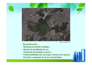 Desmatamento:
•Redução da biodiversidade;
•Queda da qualidade do ar;
•Aumento da poluição sonora;
•Vulnerabilidade dos córregos e braços da represa;
•Permite o aumento de áreas urbanizadas.
Imagem: Google Earth
 