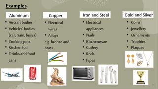 12
Examples
Aluminum Copper Iron and Steel Gold and Silver
• Coins
• Jewellery
• Ornaments
• Trophies
• Plaques
• Electrical
wires
• Alloys
e.g bronze and
brass
• Aircraft bodies
• Vehicles’ bodies
(car, train,buses)
• Cookingpots
• Kitchenfoil
• Drinks and food
cans
• Electrical
appliances
• Nails
• Kitchenware
• Cutlery
• Rods
• Pipes
 