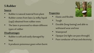 19
5.Rubber
Source
• Rubber is naturalmaterialfrom plant
• Rubber comes fromlatex(a milkyliquid
(sap)) obtainedfromrubber trees
• Thelatexis processed toobtain different
types of rubber
Disadvantages
• Rubber is soft andeasily damagedby
heat
• It produces poisonous gases whenburnt
Properties
• Elasticandflexible
• Tough
• Durable(long-lasting)andableto
withstandwear and tear
• Waterproof
• Opaque(no lightcan pass through)
• Poor conductor of heatandelectricity
 