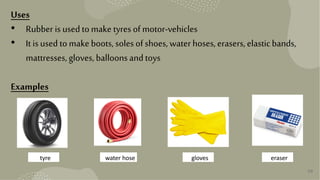 20
Uses
• Rubber is usedtomake tyres of motor-vehicles
• It isused tomake boots, solesofshoes, water hoses, erasers,elasticbands,
mattresses,gloves, balloonsandtoys
Examples
tyre water hose gloves eraser
 