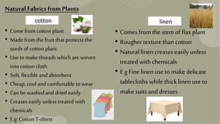 NaturalFabricsfrom Plants
cotton linen
• Comefromcotton plant
• Made fromthefruit thatprotects the
seeds of cotton plant
• Use tomakethreads which are woven
intocottoncloth
• Soft,flexibleandabsorbent
• Cheap,cool andcomfortable towear
• Can bewashedanddried easily
• Creases easily unlesstreatedwith
chemicals
• E.g: CottonT-shirts
• Comes from the stem of flaxplant
• Rougher texture thancotton
• Naturallinencreases easilyunless
treatedwithchemicals
• E.g Fine linenuse tomake delicate
tableclothswhilethicklinenuse to
make suitsanddresses
 