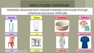 7
Man-made Materials
Materials obtained from natural materials and made through
chemical processes artificially
bottle
Plastic Glass Ceramic Fabrics
chair
cup
windows
bowl
flower vase
swimwear (nylon)
Dri-FIT shirt (polyester)
 