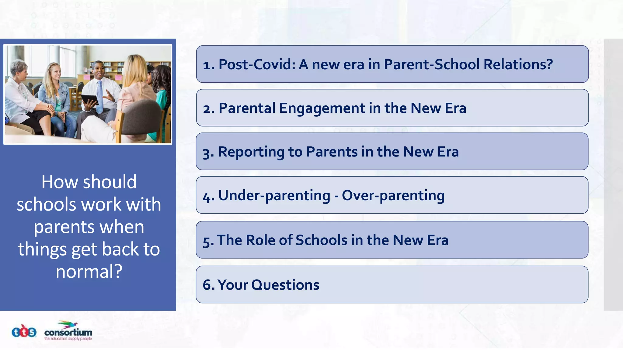 How should
schools work with
parents when
things get back to
normal?
5.The Role of Schools in the New Era
4. Under-parenting - Over-parenting
2. Parental Engagement in the New Era
3. Reporting to Parents in the New Era
1. Post-Covid: A new era in Parent-School Relations?
6.Your Questions
 
