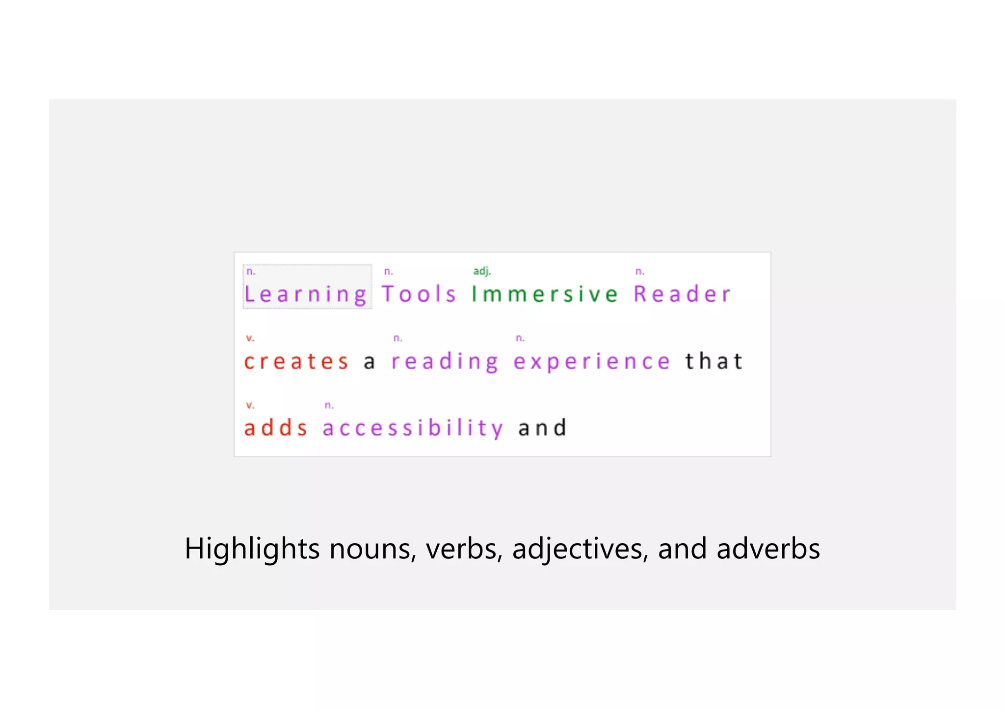 Highlights nouns, verbs, adjectives, and adverbs
 