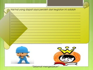 Hal-hal yang dapat saya peroleh dari kegiatan ini adalah
………………………………………………………………………………
………………………………………………………………………………
………………………………………………………………………………
………………………………………………………………………………
………………………………………………………………………………
………………………………………………………………………………
………………………………………………………………………………
………………………………………………………………………………
………………………………………………………………………………
………………………………………………………………………………
………………………………………………………………………………
…………………………………………………………
“Selamat mengerjakan”
 