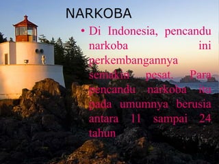 NARKOBA
• Di Indonesia, pencandu
narkoba ini
perkembangannya
semakin pesat. Para
pencandu narkoba itu
pada umumnya berusia
antara 11 sampai 24
tahun
 