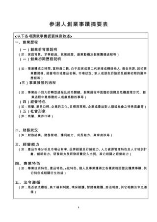 參選人創業事蹟摘要表

(以下各項請就事實扼要條例敘述)
一、創業歷程
　（一）創業前背景說明
（如：家庭背景、求學經過、就業經歷、創業動機及創業籌備過程等）
　（二）創業初期歷程說明

（如：事業體成立時間、當時員工數、白手起家或第二代承接或轉接他人、資金來源、起初事
    業體規模、經營項目或產品名稱、市場狀況、家人或朋友的協助及創業初期的艱辛
    歷程等）
　 (三）事業發展的過程

（如：事業由小到大的轉型過程及成功關鍵、創業過程中面臨的困難及危機處理方式、創
    業過程中最感謝的人或最感動的事等）
　（四）經營特色
（如：商譽、業界口碑、企業的文化、目標與策略、企業或產品對人類或社會之特殊貢獻等）
　（五）社會形象
（如：商譽、業界口碑）



二、財務狀況
（如：財務結構、財務管理、獲利能力、成長能力、異常查核等）


三、經營能力
（如：產品市場分析及市場佔有率、品牌經營及行銷能力、人力資源管理特色及人才培訓計
    畫、創新能力、研發能力及研發經費投入比例、其它相關之經營能力）


四、專業特色
（如：專業技術特色、產品特色、e化特色、個人及事業獲得之各種資格認證及獲獎事蹟、其
    它特色或相關衍生效益）


五、法令遵循
（如：是否依法繳稅、員工福利制度、環保維護、智財權維護、勞退制度、其它相關法令之遵
    循）



                   8
 