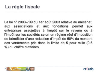 La règle fiscale
La loi n° 2003-709 du 1er août 2003 relative au mécénat,
aux associations et aux fondations permet aux
entreprises assujetties à l'impôt sur le revenu ou à
l’impôt sur les sociétés selon un régime réel d’imposition
de bénéficier d’une réduction d’impôt de 60% du montant
des versements pris dans la limite de 5 pour mille (0,5
%) du chiffre d’affaires.
 