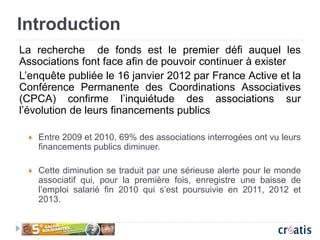 Introduction
La recherche de fonds est le premier défi auquel les
Associations font face afin de pouvoir continuer à exister
L’enquête publiée le 16 janvier 2012 par France Active et la
Conférence Permanente des Coordinations Associatives
(CPCA) confirme l’inquiétude des associations sur
l’évolution de leurs financements publics
 Entre 2009 et 2010, 69% des associations interrogées ont vu leurs
financements publics diminuer.
 Cette diminution se traduit par une sérieuse alerte pour le monde
associatif qui, pour la première fois, enregistre une baisse de
l’emploi salarié fin 2010 qui s’est poursuivie en 2011, 2012 et
2013.
 