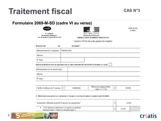 Traitement fiscal CAS N°3
Formulaire 2069-M-SD (cadre VI au verso)
 