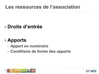 Les ressources de l’association
 Droits d’entrée
 Apports
 Apport en numéraire
 Conditions de forme des apports
 