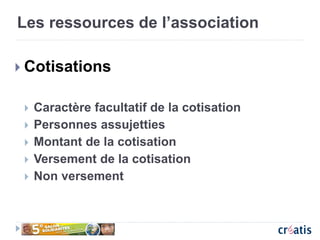 Les ressources de l’association
 Cotisations
 Caractère facultatif de la cotisation
 Personnes assujetties
 Montant de la cotisation
 Versement de la cotisation
 Non versement
 