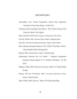 98
DAFTAR PUSTAKA
Apriyandhani, Gita. “Sistem Pengendalian Internal Pada Pengelolaan
Persediaan di Toko Tanah Abang”. (16 Mei 2015).
Ariefiansyah, Ryan dan Margi Utami Miyosi. 2015. Membuat Harga Pokok
Penjualan. Jakarta : New Agogos.
Ballou, Ronald H. 2004. Business Logistics Management. New Jersey.
Carter K. William. 2005. Akuntansi Biaya. Jakarta : Salemba Empat.
Hery.2012. Akuntansi Keuangan Menengah I. Jakarta : Bumi Aksara.
Ikatan Akuntansi Keuangan Indonesia. 2013. PSAK 14 Persediaan. Jakarta :
Dewan Standar Akutansi Keuangan IAI.
Mulyadi. 2002. Auditing Edisi 6. Jakarta : Salemba Empat.
Prihatiningsih, Oktaviani dan Lili Syafitri. “ Pengujian Pengendalian
Persediaan Barang Dagang di CV Kamdatu Palembang”. (16 Mei
2015).
Rangkuti, Freddy. 2000. Manajemen Persediaan. Jakarta : PT. Raja Grafindo
Persada.
Romney, M.B dan P.J.Steinbart. 2006. Accounting Information System.
Jakarta : Salemba Empat.
Sahar, Lalhuda. 2006. Akuntansi. Jakarta : PT Galaxy Puspa Mega.
 