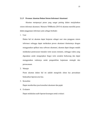 15
2.1.5 Peranan Akuntan Dalam Sistem Informasi Akuntansi
Akuntan mempunyai peran yang sangat penting dalam menjalankan
sistem informasi akuntansi. Menurut TIMBooks (2015:6) akuntan memiliki peran
dalam pnggunaan informasi yaitu sebagai berikukt:
1. User
Dalam hal ini akuntan dapat berperan sebagai user atau pengguna sistem
informasi sehingga dapat melakukan proses akuntansi diantaranya dengan
menggunakan aplikasi atau software akuntansi, akuntan dapat dengan mudah
melakukan pemrosesan transaksi rutin secara otomatis, sehingga waktu yang
digunakan untuk mengerjakan fungsi rutin semakin berkurang dan dapat
menggunakan waktunya untuk pengambilan keputusan strategik dan
perencanaan.
2. Manajer
Peran akuntan dalam hal ini adalah mengelola aliran kas perusahaan
bedasarkan laporan arus kas.
3. Konsultan
Dapat memberikan jasa konsultasi akuntansi dan pajak
4. Evaluator
Dapat melakukan audit laporan keuangan untuk evaluasi
 