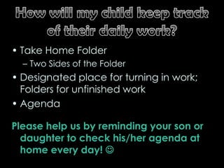 How will my child keep track of their daily work?Take Home FolderTwo Sides of the FolderDesignated place for turning in work; Folders for unfinished workAgendaPlease help us by reminding your son or daughter to check his/her agenda at home every day! 