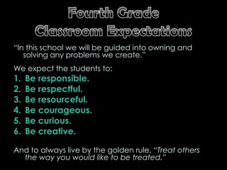 Fourth Grade Classroom Expectations“In this school we will be guided into owning and solving any problems we create.”We expect the students to:Be responsible.Be respectful.Be resourceful.Be courageous.Be curious.Be creative. And to always live by the golden rule, “Treat others the way you would like to be treated.”