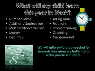 What will my child learn this year in Math?Number SenseAddition / SubtractionMultiplication / DivisionMoneyDecimalsTelling TimeFractionsProblem SolvingGraphingMeasurementWe will differentiate as needed for students that need a challenge or extra practice in math.