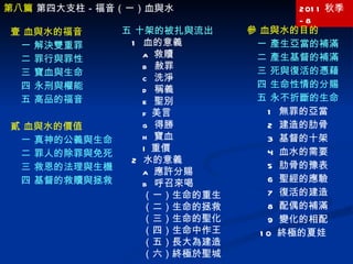 2011 秋季 -8 參 血與水的目的 一 產生亞當的補滿 二 產生基督的補滿 三 死與復活的憑藉 四 生命性情的分賜 五 永不折斷的生命 1  無罪的亞當 2  建造的肋骨 3  基督的十架 4  血水的需要 5  肋骨的豫表 6  聖經的應驗 7  復活的建造 8  配偶的補滿 9  變化的相配 10  終極的夏娃 第八篇  第四大支柱－福音（一）血與水 壹 血與水的福音 一 解決雙重罪 二 罪行與罪性 三 寶血與生命 四 永刑與權能 五 高品的福音 貳 血與水的價值 一 真神的公義與生命 二 罪人的除罪與免死 三 救恩的法理與生機 四 基督的救贖與拯救 五 十架的被扎與流出 1  血的意義 a  救贖 b  赦罪 c  洗淨 d  稱義 e  聖別 f  美言 g  得勝 h  寶血 I  重價 2  水的意義 a  應許分賜 b  呼召來喝 （一）生命的重生 （二）生命的拯救 （三）生命的聖化 （四）生命中作王 （五）長大為建造 （六）終極於聖城 