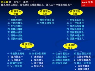 第二篇  第一大支柱─真理（一） 藉真理得以聖別，從我們自己裡面遷出來，進入三一神裡面而成為一 2011 秋季 -2 一 在自己裏的分 二 在聖別裏的一 三 藉聖別的真理 四 被成全成為一 一 子靈話是真理 1  靈與話是一 2  心與話是一 二 話靈生命是一 三 父子信徒是一 五 對分裂的消殺 1  在基督掌權裏 2  在奧密範圍裏 六 真正一的生活 1  留在主裏面 2  真實的建造 壹 真理的定義 一 景像的提供 二 主話的發光 三 亮光的顯出 四 聖靈的傳輸 五 實際的接受 六 道理的虛無 七 認識的途徑 貳 真理的功用 一 轄制中得自由 二 性情上得聖別 參 真理的分賜 一 享受主的同在 二 三一神的運行 三 神活話的接觸 四 早與晚的親近 五 話與靈的調合 六 話使神得加添 七 話讓神得注入 肆 真理的合一 四 四項分裂因素 1  貪愛世界 2  發展野心 3  喜好自高 4  堅持己見 伍 真理的成全 