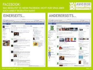 FACEBOOK:
 WAS BEDEUTET ES WENN FACEBOOK NICHT NUR SPASS ABER
 AUCH ARBEIT BEDEUTEN KANN?

  EINERSEITS…                            ANDERERSEITS…




Avenir Consulting & Vujàdé Ltd. © 2011                   Slide | 13
 