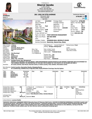 (LP)
(SP)
Complex / Subdiv:
Depth / Size (ft.):
Lot Area (sq.ft.):
Flood Plain:
View:
Bedrooms:
Bathrooms:
If new, GST/HST inc?:
Frontage (feet):
Approx. Year Built:
Age:
Zoning:
Gross Taxes:
Tax Inc. Utilities?:
Services Connected:
Exposure:
Style of Home:
Water Supply:
Construction:
Foundation:
Rain Screen:
Type of Roof:
Renovations:
Floor Finish:
Fuel/Heating:
# of Fireplaces:
Fireplace Fuel:
Outdoor Area:
R.I. Plumbing:
Reno. Year:
R.I. Fireplaces:
Exterior:
Total Parking: Covered Parking: Parking Access:
Parking:
Dist. to Public Transit: Dist. to School Bus:
Title to Land:
Property Disc.:
Fixtures Leased:
Fixtures Rmvd:
Legal:
Amenities:
P.I.D.:
Site Influences:
Features:
Floor Type Dimensions Floor Type Dimensions Floor Type Dimensions
x
x
x
x
x
x
x
x
x
x
x
x
x
x
x
x
x
x
x
x
x
x
x
x
x
x
x
x
Finished Floor (Main):
Finished Floor (Above):
Finished Floor (Below):
Finished Floor (Basement):
Finished Floor (Total):
Unfinished Floor:
Grand Total:
________
sq. ft.
sq. ft.
__________
Residential Attached
Bath
1
2
3
4
6
7
8
5
# of Pieces Ensuite?Floor
Barn:
Pool:
Workshop/Shed:
Outbuildings# of Kitchens:
Crawl/Bsmt. Height:
Basement:
Listing Broker(s):
REA Full Public (Sold) The enclosed information, while deemed to be correct, is not guaranteed.
PREC* indicates 'Personal Real Estate Corporation'.
# of Rooms: # of Levels:
Presented by:
:
Restricted Age:
# of Pets: Cats: Dogs:
# or % of Rentals Allowed:
Units in Development: Total Units in Strata:
Bylaws:
Maint. Fee:
Mgmt. Co's Name:
Mgmt. Co's Phone:
Meas. Type:
Frontage (metres):
For Tax Year:
Garage Sz:
Door Height:
:
Council Apprv?:
:
Maint Fee Inc:
Board:
Locker:
Sold Date:
Original Price:
Tour:
List Date:
Days on Market:
201 1561 W 57TH AVENUE
V6P 0H5
R2368232
$738,000
SHANNON WALL BEVERLEY HOUSE
0.00
1
1
2019
0
CD-1
$0.00
0
1 1
STRATA LOT 9 DISTRICT LOT 526 GROUP 1 NEW WESTMINSTER DISTRICTSTRATA PLAN EPS5055 TOGETHER WITH AN INTEREST IN
THE COMMON PROPERTY IN PROPORTION TO THE UNIT ENTITLEMENT OF THE STRATA LOT AS SHOWN ON FORM V
030-639-255
9'
11'
6'
9'5
9'
12'
7'
11'
590
0
0
0
590
0
590
4
1
FANTASTIC SPACIOUS 1 BEDROOM HOME IN Beverley House OF Shannon Wall Centre. LOCATED IN PRESTIGE KERRISDALE LOCATION. Quality built
and functional layout. THIS UNIT is a quiet unit, facing Courtyard. 1 parking & storage locker. Luxurious finishing, plank hardwood flooring, and air
conditioning. Bathrooms with radiant in-floor heating, all-in-one wall flush toilet. Kitchen with Armony Cu-cine cabinetry, and top of the line
appliances. Facilities include outdoor pool, hot tub, exercise centre, professional landscape gard
4 1
Sherryl Jacobs
Luxmore Realty
sherryl@sherryljacobs.com
Phone: 604-446-5928
http://www.sherryljacobs.com
$318.00
FIRST SERVICES MANAGEMENT
604-683-8900
2019
Luxmore Realty
$738,0005/8/2019
9
South Granville
No
Yes No
Concrete Perimeter
Full
Yes
No
No
Freehold Strata
Main
Main
Main
Main
Kitchen
Living Room
Dining Room
Bedroom
Main Yes
Feet
V
Electricity, Natural Gas, Water
1 Storey
Concrete
Concrete, Mixed, Stone
None
City/Municipal
Geothermal
Balcony(s)
Other, Tile - Concrete
Front
Garage; Underground
Hardwood
Air Cond./Central, Club House, Exercise Centre, In Suite Laundry, Pool; Outdoor, Recreation Center
Central Location, Recreation Nearby, Shopping Nearby
Air Conditioning, ClthWsh/Dryr/Frdg/Stve/DW, Drapes/Window Coverings, Security System
None
Pets Allowed w/Rest., Rentals Allowed
Garbage Pickup, Gas, Management
05/17/2019 08:51 AM
Vancouver West
Apartment/Condo
Active
 