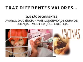 T R A Z D I F E R E NT E S V A L OR E S...

            QUE SÃO DE CORRE NTE S
AVANÇO DA CIÊNCIA = MAIS LONGEVIDADE,CURA DE
      DOENÇAS, MODIFICAÇÕES ESTÉTICAS
 