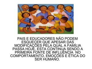 PAIS E EDUCADORES NÃO PODEM
     ESQUECER QUE APESAR DAS
  MODIFICAÇÕES PELA QUAL A FAMÍLIA
 PASSA HOJE, ESTA CONTINUA SENDO A
  PRIMEIRA FONTE DE INFLUÊNCIA NO
COMPORTAMENTO, EMOÇÕES E ÉTICA DO
            SER HUMANO.
 