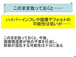 このまま放っておくと……

ハイパーインフレや国債デフォルトの
       可能性は低いが……


このまま放っておくと、今後、
国債償還費が他の予算を圧迫し、
財政が混乱する可能性は十分にある

                    108
 