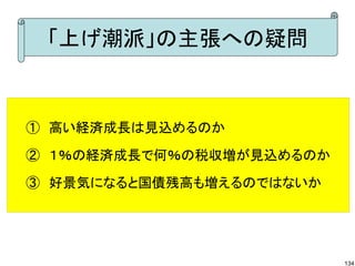 「上げ潮派」の主張への疑問


①　高い経済成長は見込めるのか

②　１％の経済成長で何％の税収増が見込めるのか
③　好景気になると国債残高も増えるのではないか




                          134
 