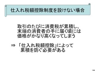 仕入れ税額控除制度を設けない場合


　　取引のたびに消費税が累積し、
　　末端の消費者の手に届く頃には
　　価格がかなり高くなってしまう

⇒　「仕入れ税額控除」によって
　　　累積を防ぐ必要がある



                   168
 