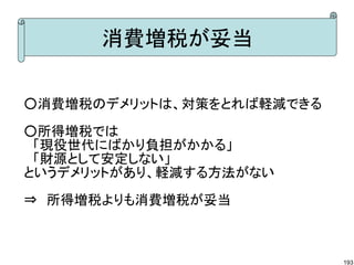 消費増税が妥当

○消費増税のデメリットは、対策をとれば軽減できる
○所得増税では
　「現役世代にばかり負担がかかる」
　「財源として安定しない」
というデメリットがあり、軽減する方法がない
⇒　所得増税よりも消費増税が妥当



                           193
 
