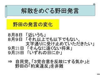 解散をめぐる野田発言

 野田の発言の変化

８月８日　「近いうち」
８月９日　「それ以上でも以下でもない。
　　　　　　文字通りに受け止めていただきたい」
９月21日　「そんなに遠くない将来」
９月28日　「いずれの日にか」

⇒　自民党、「３党合意を反故にする気か」と
　　 野田の「約束違反」を非難
                          266
 