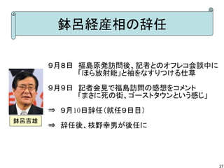 鉢呂経産相の辞任

       ９月８日　福島原発訪問後、記者とのオフレコ会談中に
       　　　　　　「ほら放射能」と袖をなすりつける仕草

       ９月９日　記者会見で福島訪問の感想をコメント
       　　　　　　「まさに死の街、ゴーストタウンという感じ」

       ⇒　９月10日辞任（就任９日目）
鉢呂吉雄
       ⇒　辞任後、枝野幸男が後任に




                                     27
 