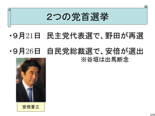 ２つの党首選挙
・９月21日　民主党代表選で、野田が再選

・９月26日　自民党総裁選で、安倍が選出
　　　　　　　　　　　　　　※谷垣は出馬断念




  安倍晋三
                         279
 