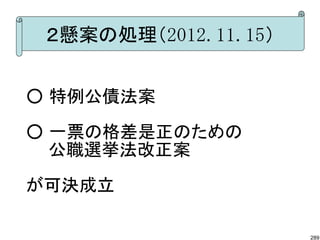 ２懸案の処理（2012.11.15）


○ 特例公債法案
○ 一票の格差是正のための
　 公職選挙法改正案
が可決成立

                      289
 