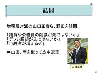 詰問

増税反対派の山田正彦ら、野田を詰問

「議員や公務員の削減が先ではないか」
「デフレ脱却が先ではないか」
「自殺者が増えるぞ」

⇒山田、席を蹴って途中退室


                山田正彦
                       37
 
