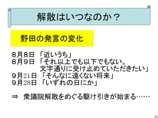 解散はいつなのか？

 野田の発言の変化

８月８日　「近いうち」
８月９日　「それ以上でも以下でもない。
　　　　　　文字通りに受け止めていただきたい」
９月21日　「そんなに遠くない将来」
９月28日　「いずれの日にか」

⇒　衆議院解散をめぐる駆け引きが始まる……

                          57
 
