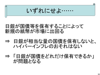 いずれにせよ……

日銀が国債等を保有することによって
新規の紙幣が市場に出回る

⇒　日銀が相当な量の国債を保有しないと、
　　 ハイパーインフレのおそれはない

⇒　「日銀が国債をどれだけ保有できるか」
　　 が問題となる

                       93
 