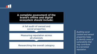 A complete assessment of the 
brand’s offline and digital 
ecosystem should include: 
A full audit of owned and 
social properties 
Measuring reputation across 
all channels 
Researching the overall category 
Auditing social 
content and owned 
properties helps 
to identify areas of 
vulnerability that 
may contribute 
to a tarnished 
reputation. 
 