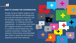 + HOW TO CHANGE THE CONVERSATION + 
+ 
+ + 
+ + 
- 
+ 
Simply trying to delete negative user 
content may alienate and antagonize 
not only the individual consumer, but 
the broader audience as well. But 
apologizing - or offering corrective 
experiences - to consumers who have 
left negative reviews or comments 
in a positive, personalized way may 
surprise consumers, change their 
opinions of the brand, and potentially 
spur them to share the new positive 
experience with their networks. 
- 
+ 
+ 
+ 
- 
+ 
+ 
- - 
- 
 